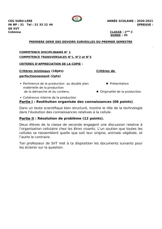Première page de SVT 2nde C — 1er devoir surveillé, 1er semestre (2020-2021) · CEG SURU-LERE