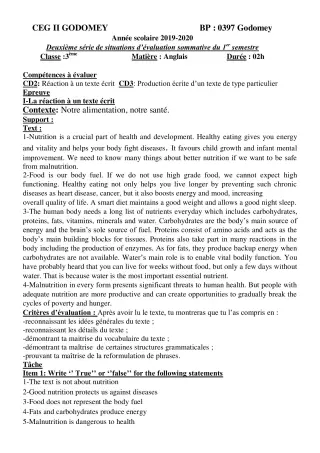 Première page de Anglais 3e, 3e ML — Évaluation sommative, 1er semestre (2019-2020) · CEG2 Godomey