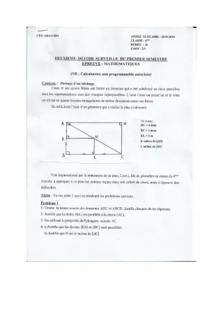 Première page de Mathématiques 4e, 4e ML — 2e devoir surveillé, 1er semestre (2019-2020) · CEG ADJAGBO