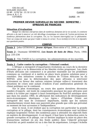 Première page de Français 1ère A2, 1ère B, 1ère C, 1ère D — 1er devoir surveillé, 2e semestre (2020-2021) · CEG du Lac