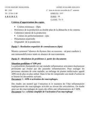 Première page de SVT Tle D — 1er devoir surveillé, 2e semestre (2018-2019) · Lycée Houegbadja d'Abomey (Ex Mafory Bangoura)