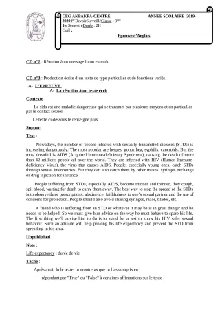 Première page de Anglais 3e, 3e ML — 1er devoir surveillé (2019-2020) · CEG 1 Akpakpa-Centre