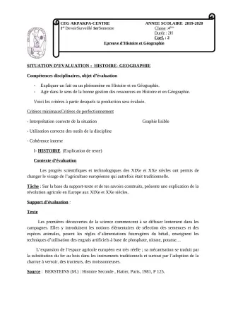 Première page de Histoire-Géographie 3e, 3e ML — 1er devoir surveillé (2019-2020) · CEG 1 Akpakpa-Centre