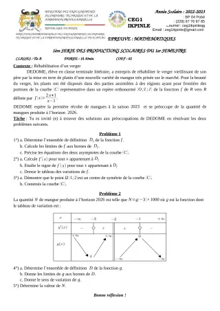 Première page de Mathématiques Tle A1, Tle A2 — 1re production scolaire, 1er semestre (2022-2023) · CEG1 Ikpinlè