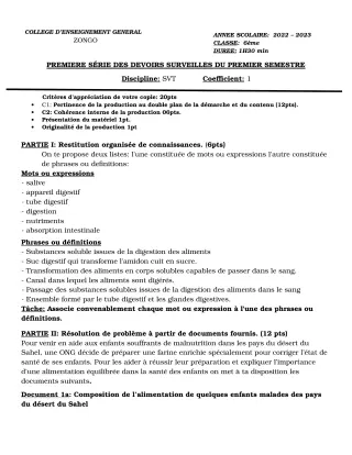 Première page de SVT 6e — 1er devoir surveillé, 1er semestre (2023-2024) · CEG ZONGO