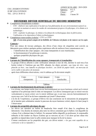 Première page de PCT 5e — 2e devoir surveillé, 2e semestre (2019-2020) · CEG ZOGBO