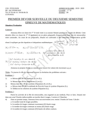 Première page de Mathématiques 1ère D — 1er devoir surveillé, 2e semestre (2019-2020) · CEG FIYEGNON