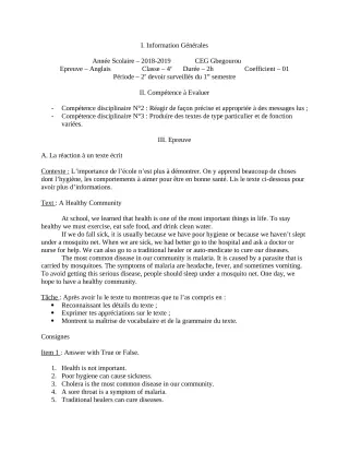 Première page de Anglais 4e, 4e ML — 2e devoir surveillé, 1er semestre (2018-2019) · CEG Gbegourou