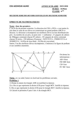 Première page de Mathématiques 6e — 2e devoir surveillé, 2e semestre (2019-2020) · CEG AZOHOUE-ALIHO