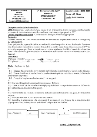 Première page de PCT 6e — 1er devoir surveillé, 2e semestre (2018-2019) · CEG Gbéto/ze