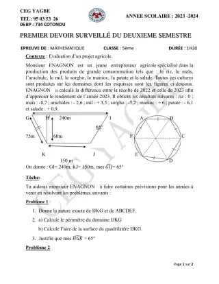 Première page de Mathématiques 5e — 1er devoir surveillé, 2e semestre (2023-2024) · CEG Yagbe