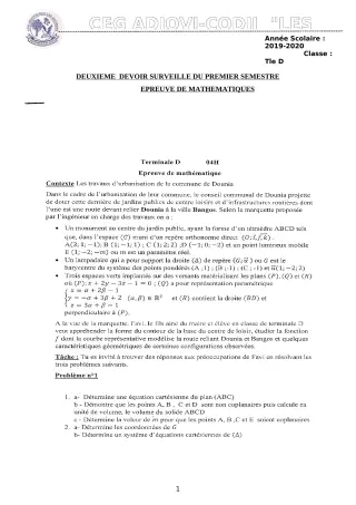 Première page de Mathématiques Tle D — 2e devoir surveillé, 1er semestre (2019-2020) · CEG ADJOVICODJI 'LES OLIVIERS'