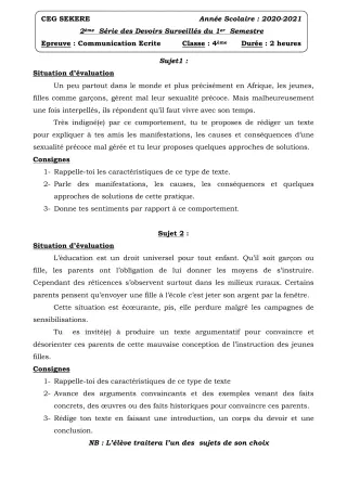 Première page de Français 4e — 2e devoir surveillé, 1er semestre (2020-2021) · CEG SEKERE