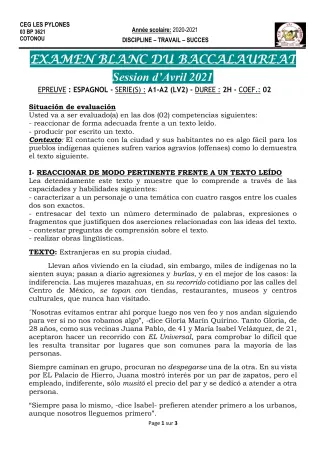 Première page de Examen Blanc de ESPAGNOL — Tle A1, Tle A2, Tle B — CEG Les Pylônes (2020)