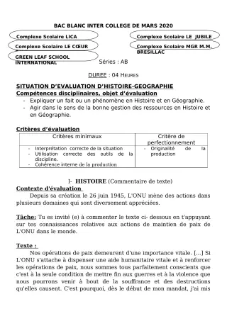 Première page de Examen Blanc de HIST-GEO — Tle A2, Tle B — CPEG LICA (2019)