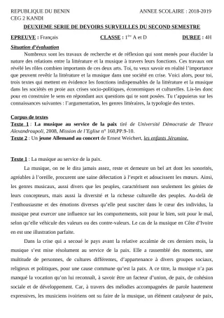 Première page de Français 1ère A2, 1ère D — 2e devoir surveillé, 2e semestre (2018-2019) · CEG 2 KANDI