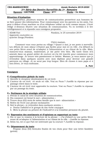 Première page de Français 6e — 1er devoir surveillé (2019-2020) · CEG MAREGOUROU