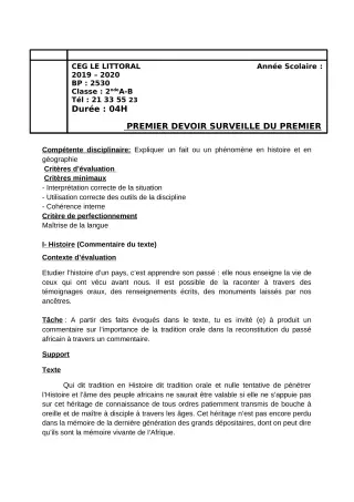 Première page de Histoire-Géographie 2nde A, 2nde A & B, 2nde A1, 2nde A2, 2nde B, 2nde C, 2nde D — 1er devoir surveillé (2019-2020) · CEG Le Littoral