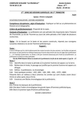 Première page de Histoire-Géographie 6e, 5e, 4e, 4e ML, 3e, 3e ML — 1er devoir surveillé, 1er trimestre (2021-2022) · CEPG La Prunelle de Dieu