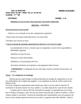 Première page de Espagnol 1ère A1, 1ère A2, 1ère B — 2020-2021 · CEG LE NOKOUE