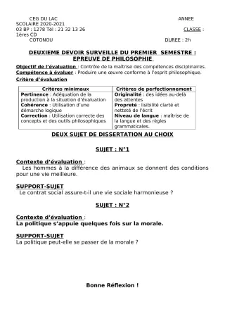Première page de Philosophie 1ère C, 1ère D — 2e devoir surveillé, 1er semestre (2020-2021) · CEG du Lac