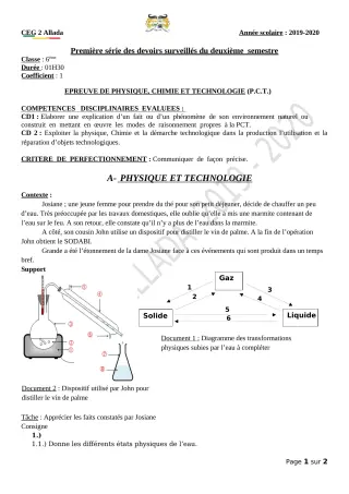 Première page de PCT 6e — 1er devoir surveillé, 2e semestre (2019-2020) · CEG 2 Allada