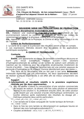 Première page de PCT Tle D — 2e évaluation sommative, 1er semestre (2019-2020) · CEG Sainte Rita