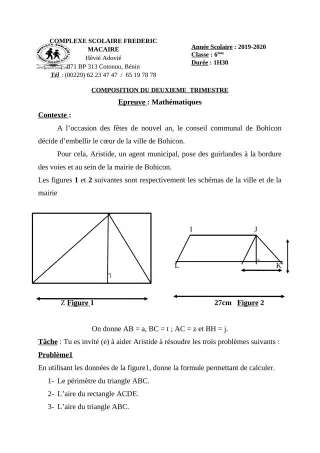 Première page de Mathématiques 6e — Composition, 2e trimestre (2019-2020) · CPEG Frédéric Macaire