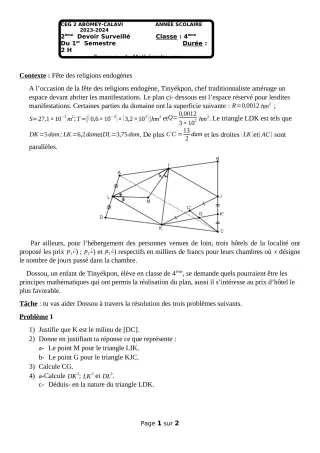 Première page de Mathématiques 4e — 2e devoir surveillé, 1er semestre (2023-2024) · CEG2 ABOMEY - CALAVI (CEG ZOCA)