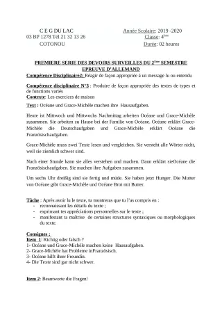 Première page de Allemand 4e ML — 1er devoir surveillé, 2e semestre (2019-2020) · CEG du Lac