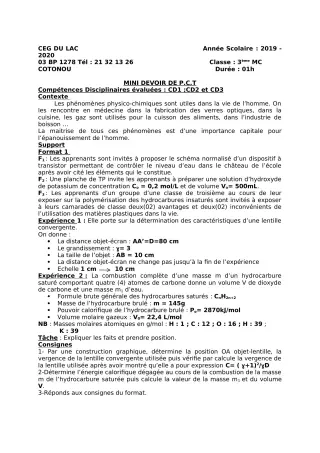 Première page de PCT 3e — 1er devoir surveillé (2019-2020) · CEG du Lac