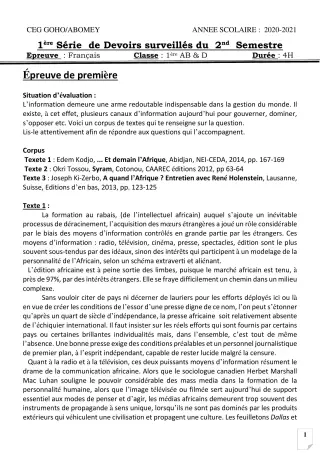 Première page de Français 1ère A & B — 1er devoir surveillé, 2e semestre (2020-2021) · CEG GOHO