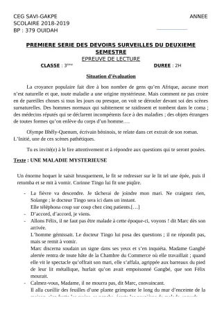 Première page de Français 3e, 3e ML — 1er devoir surveillé, 2e semestre (2018-2019) · CEG SAVI GAKPE