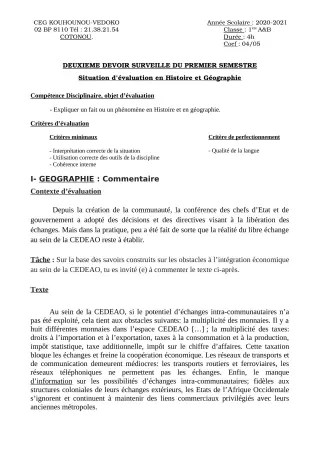 Première page de Histoire-Géographie 1ère A1, 1ère A2, 1ère B — 2e devoir surveillé, 1er semestre (2020-2021) · CEG Kouhounou-Vêdoko