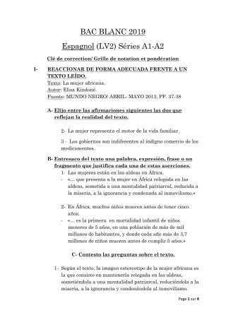 Première page de Examen Blanc de ESPAGNOL — Tle A1, Tle A2 — CEG AGBLANGANDAN (2018)
