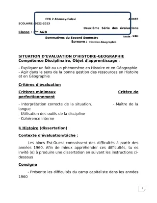 Première page de Histoire-Géographie 1ère A & B — 2e évaluation sommative, 2e semestre (2022-2023) · CEG2 ABOMEY - CALAVI (CEG ZOCA)