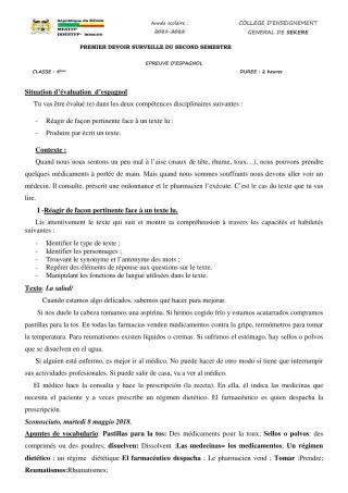 Première page de Espagnol 4e — 1er devoir surveillé, 2e semestre (2021-2022) · CEG SEKERE