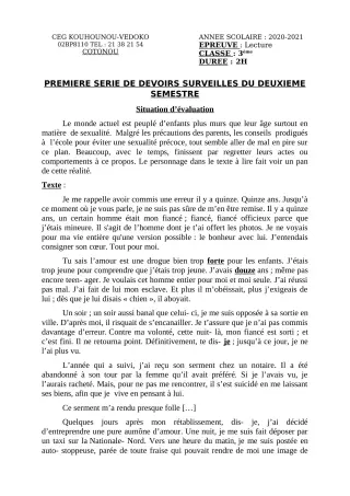 Première page de Français 3e, 3e ML — 1er devoir surveillé, 2e semestre (2020-2021) · CEG Kouhounou-Vêdoko