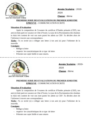 Première page de Français 6e — Composition, 1er semestre (2019-2020) · CPEG Ste Thérèse de Zinvié