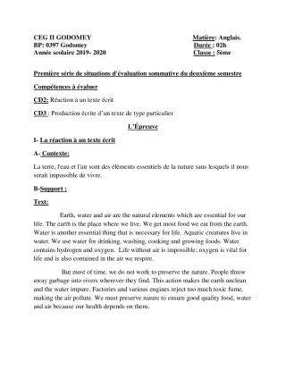Première page de Anglais 5e — Évaluation sommative, 2e semestre (2019-2020) · CEG2 Godomey