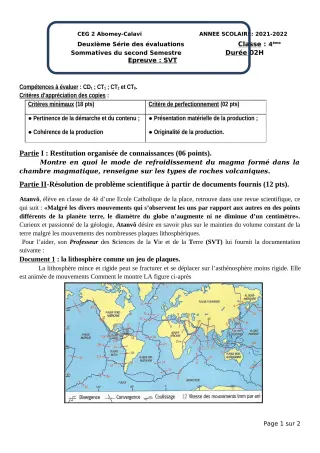 Première page de SVT 4e — 2e évaluation sommative, 2e semestre (2021-2022) · CEG2 ABOMEY - CALAVI (CEG ZOCA)