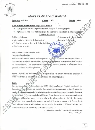 Première page de Histoire-Géographie 3e, 3e ML — 1er devoir surveillé, 2e trimestre (2020-2021) · CPEG ROSAIRE