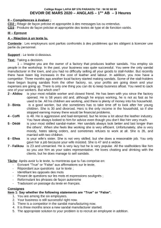 Première page de Anglais 1ère A1, 1ère A2, 1ère B — Devoir surveillé (2019-2020) · CPEG Roger LAFIA
