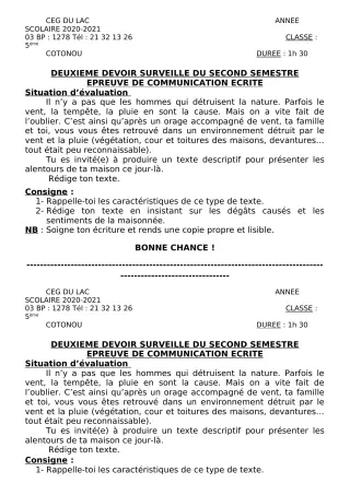 Première page de Français 5e — 2e devoir surveillé, 2e semestre (2020-2021) · CEG du Lac