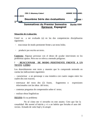 Première page de Espagnol 1ère A & B — 2e évaluation sommative, 1er semestre (2022-2023) · CEG2 ABOMEY - CALAVI (CEG ZOCA)