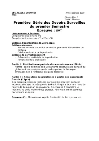 Première page de SVT 1ère C — 1er devoir surveillé, 1er semestre (2019-2020) · CEG Agassa Godomey