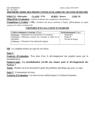 Première page de Philosophie Tle D — 1re production scolaire, 2e semestre (2018-2019) · CEG ONIGBOLO