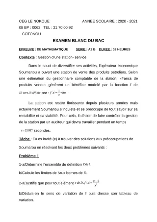 Première page de Examen Blanc de MATHS GENE — Tle A2, Tle B — CEG LE NOKOUE (2020)