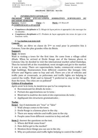 Première page de Anglais 5e — 1er semestre (2020-2021) · CEG Dantokpa