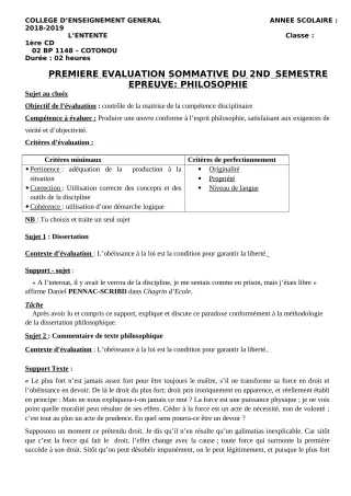 Première page de Philosophie 1ère C, 1ère D — 1re évaluation sommative, 2e semestre (2018-2019) · CEG L'Entente
